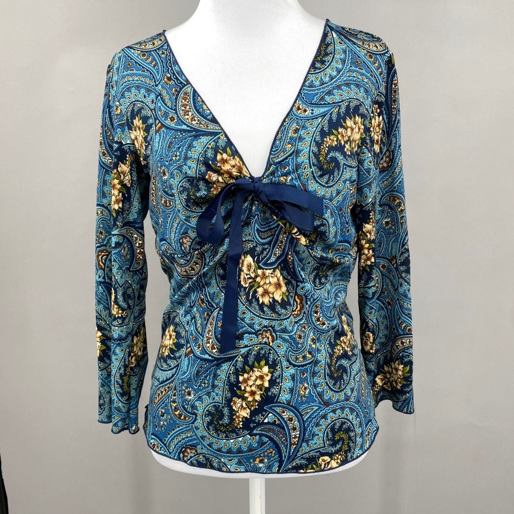 Y2K Babydoll Paisley Floral Top Womens Large Blue Stretch Tie V-Neck‎ Fairy